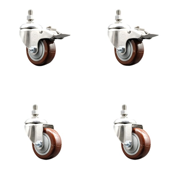 Service Caster 3.5 Inch 316SS Maroon Poly Swivel 10mm Threaded Stem Caster Lock Brake, 2PK SS316TSTTL20S3514-PPUB-MRN-M1015-2S2 - main
